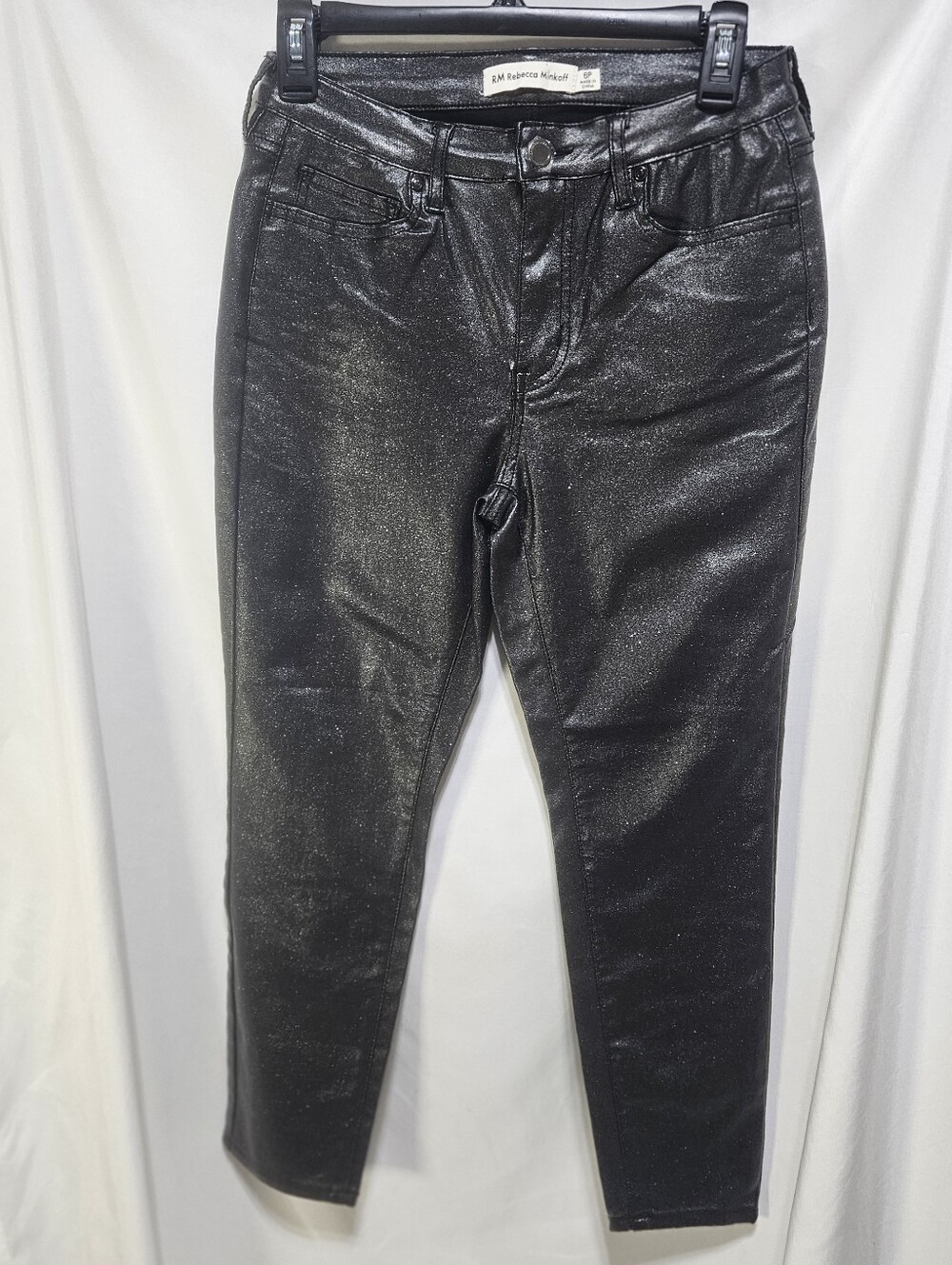 RM Rebecca Minkoff Metallic Coated Skinny Jeans Black Gunmetal Shimmer Size 6 P